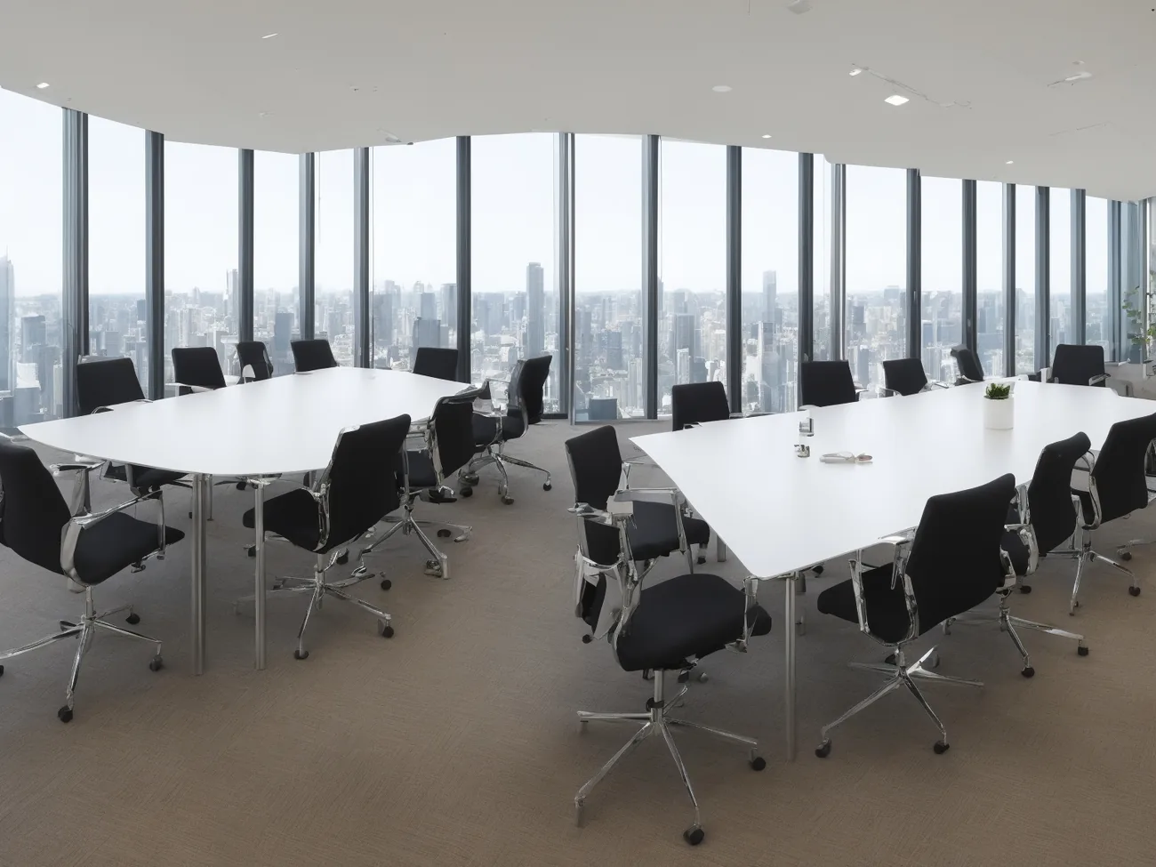 Bright modern office meeting room overlooking a city skyline