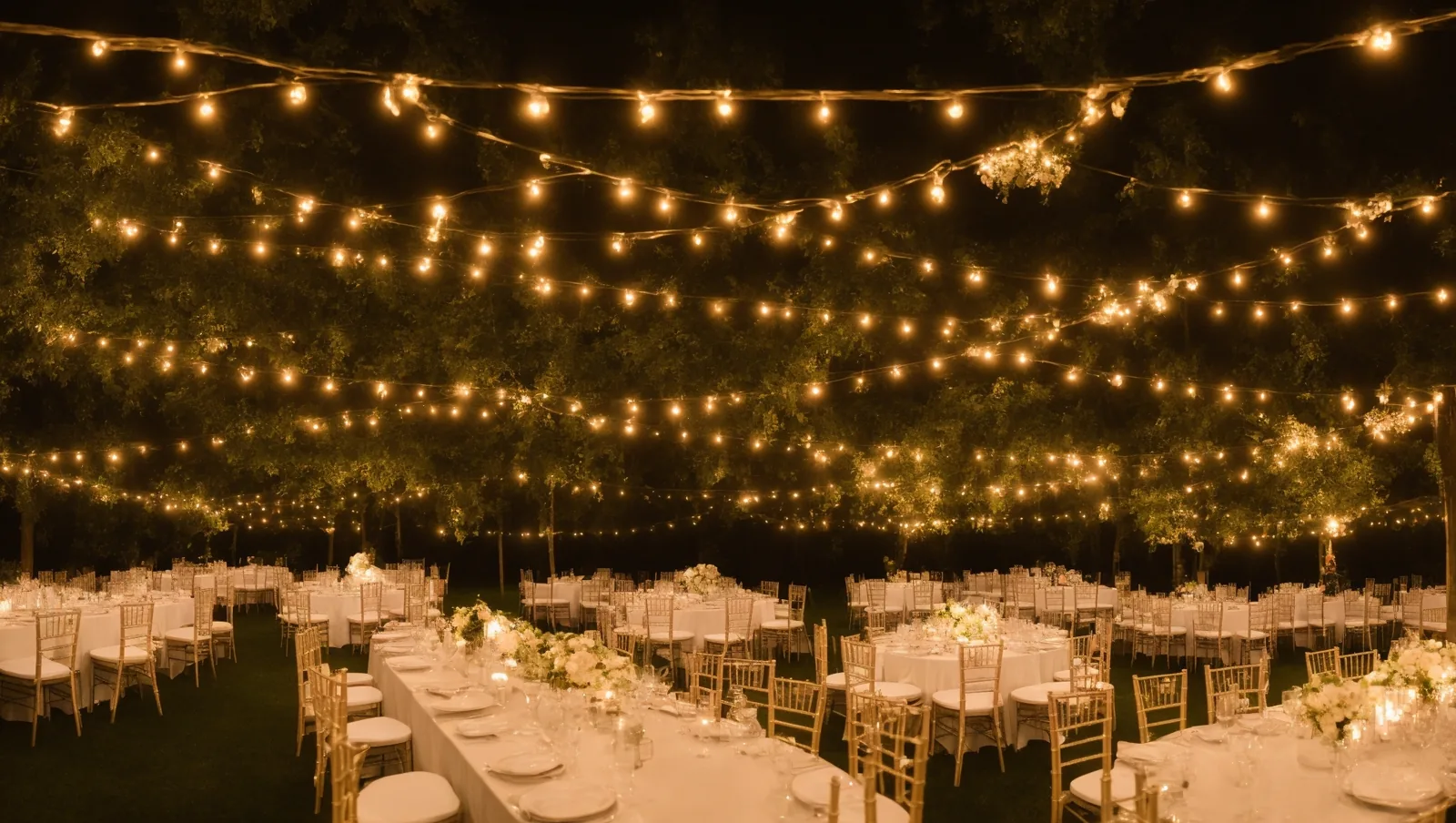 Elegant outdoor wedding reception beneath warm string lights, with white florals and long tables